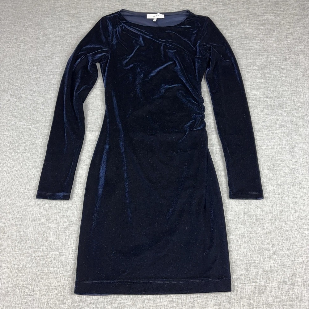 Reiss Dress Womens 0 Blue Velvet Bodycon Ruched Long Sleeve Knee Length